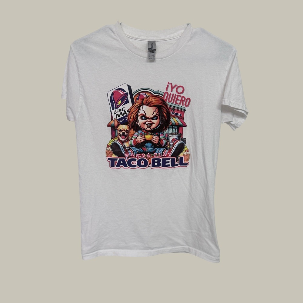 Gildan Chucky Taco Bell Mashup Graphic T-Shirt White Small Horror Comedy Tee